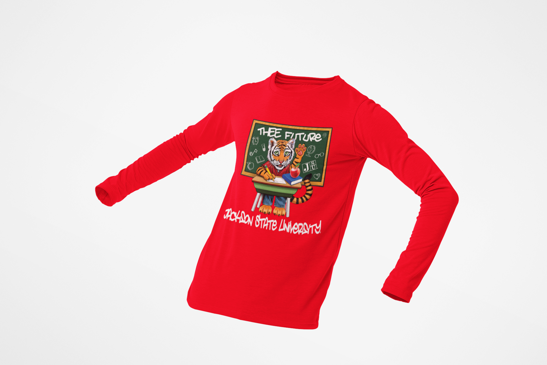 Youth long-sleeve crewneck T-shirt, red with colorful front graphic and script text