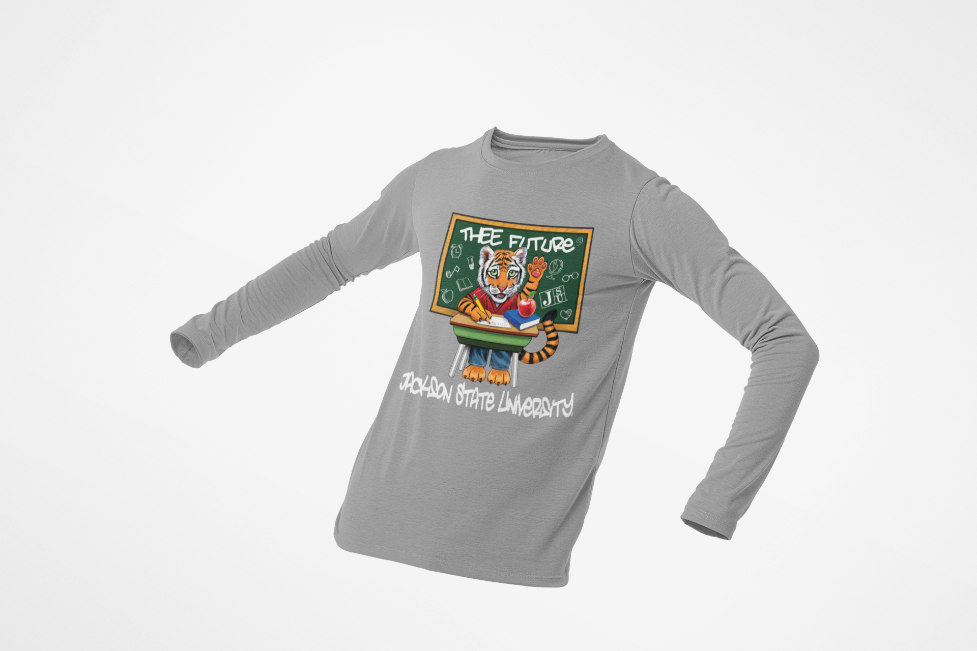 Youth long-sleeve crewneck T-shirt, heather gray with colorful front graphic and script
