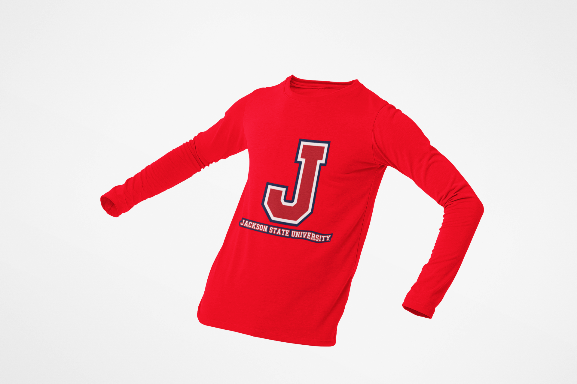 Youth long sleeve crewneck T-shirt in red, back J logo and Jackson State text