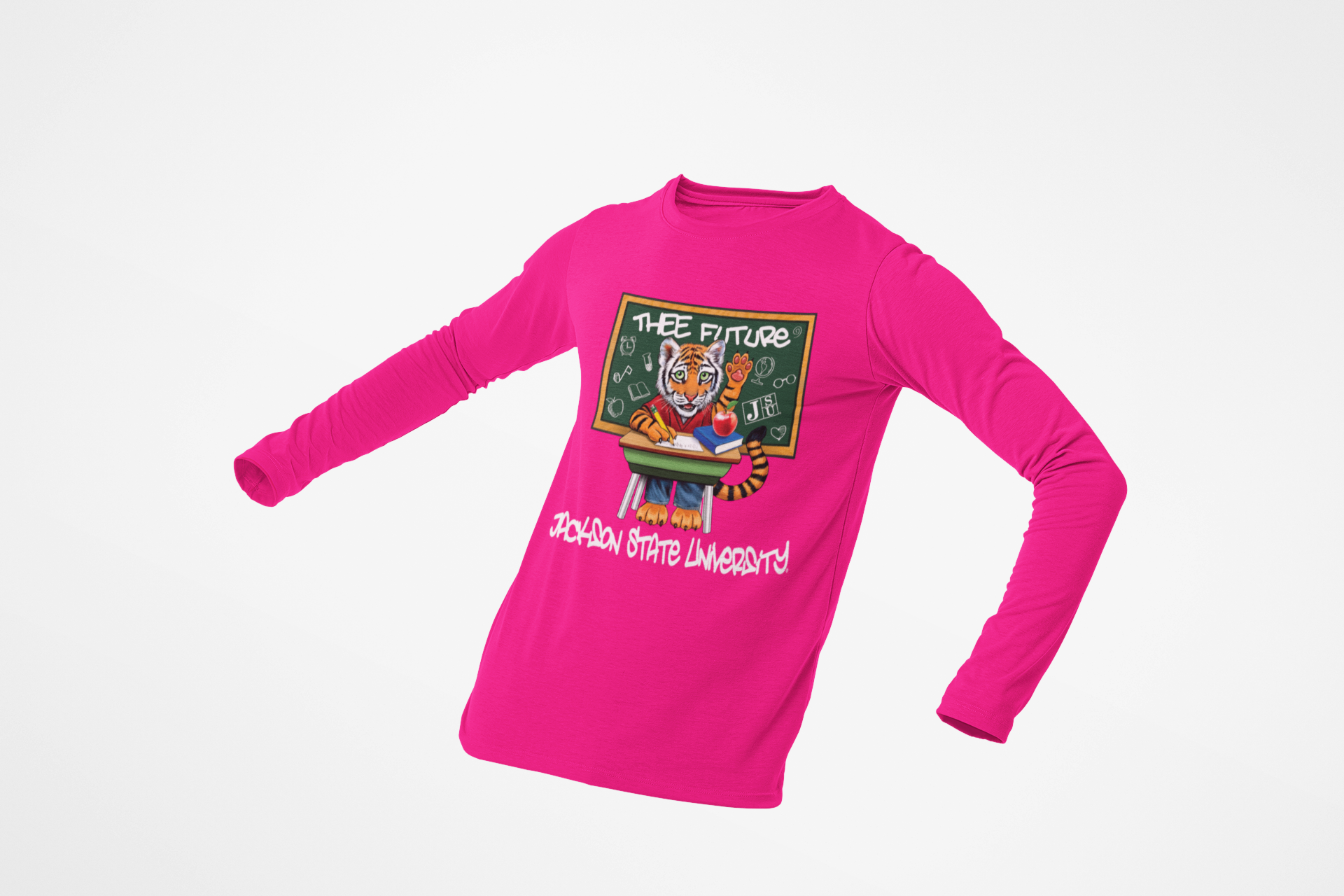 Youth long-sleeve crewneck T-shirt, bright pink with colorful front graphic and script text