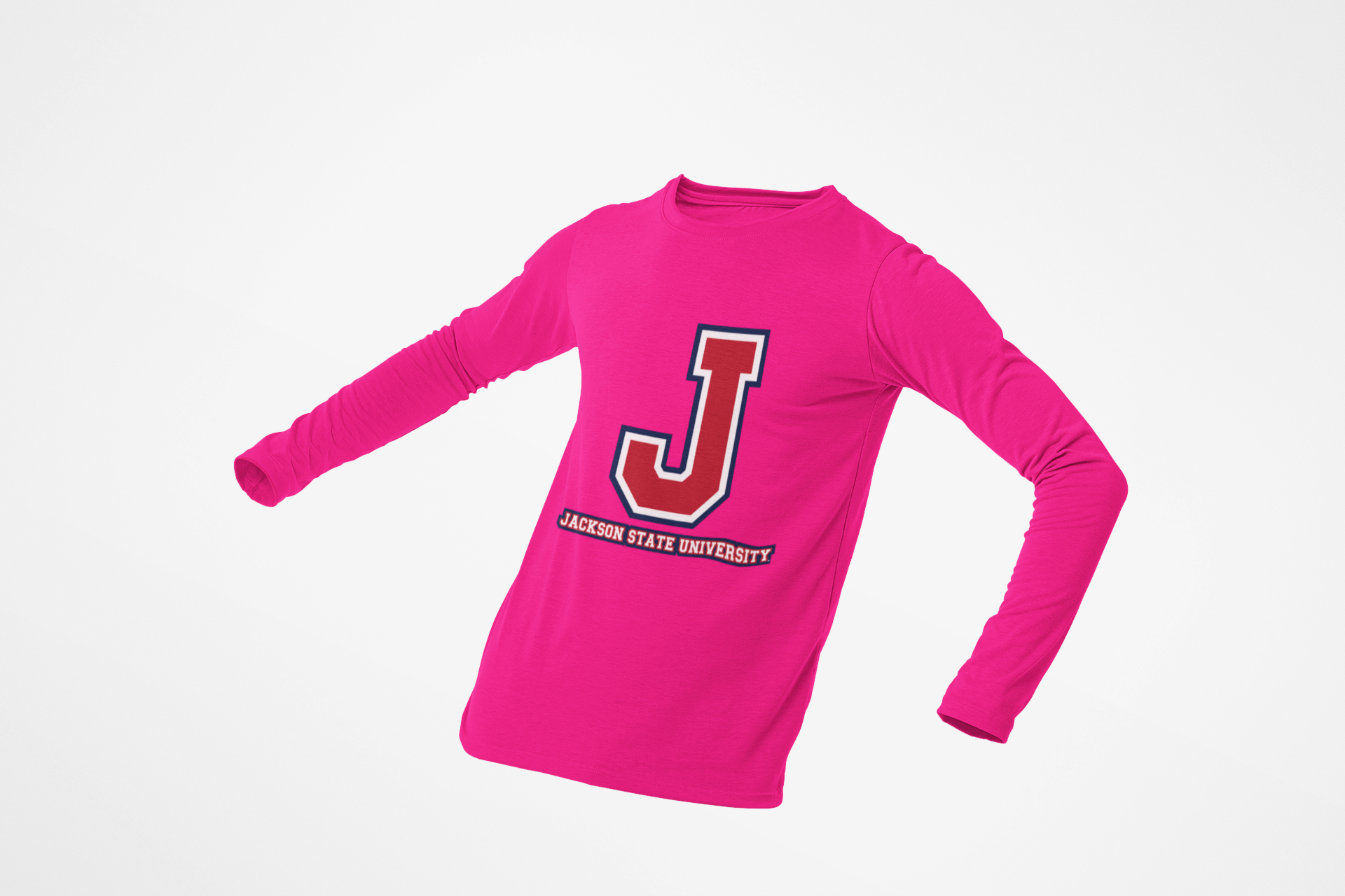 Youth long sleeve crewneck T-shirt in pink, back J logo and Jackson State text