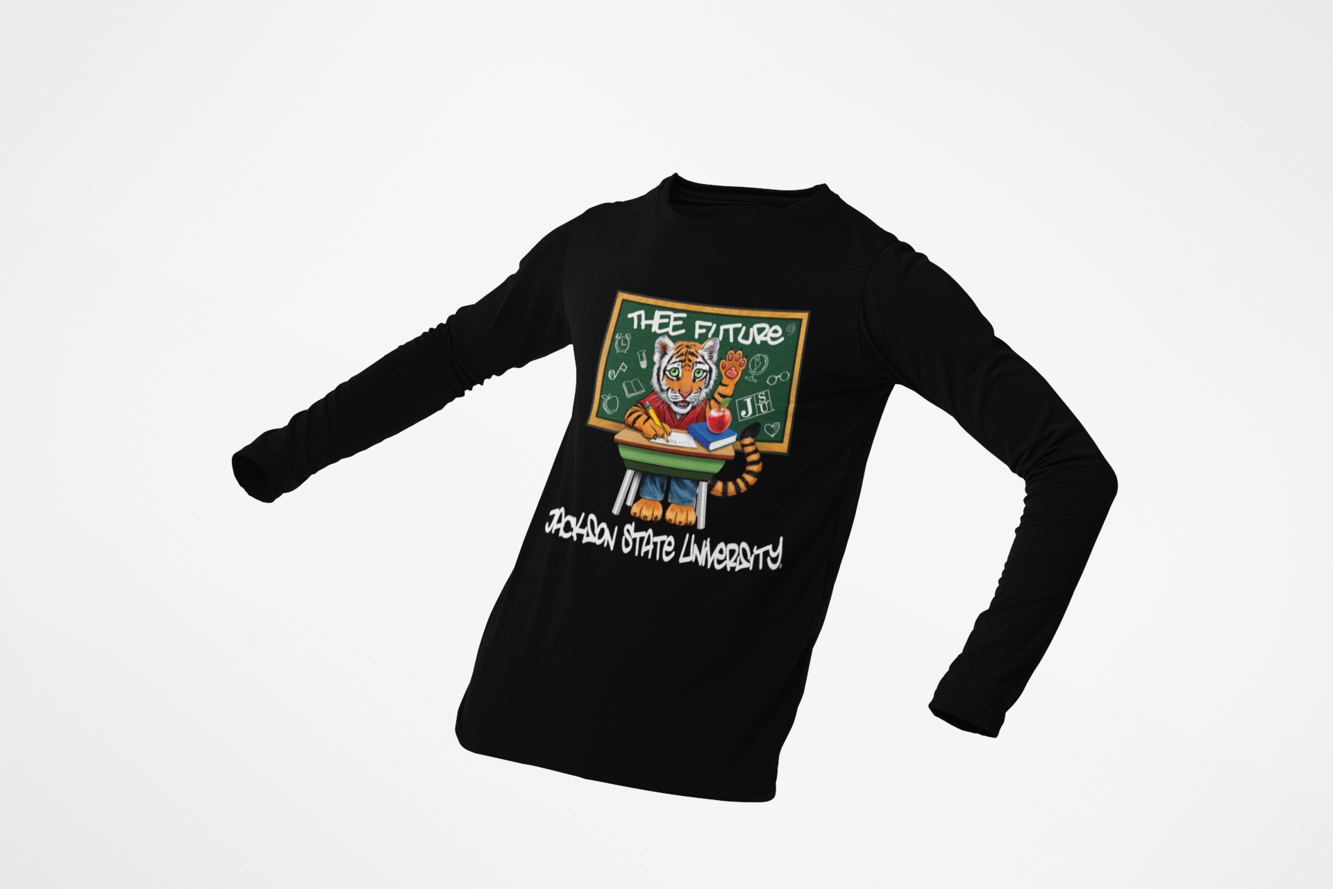 Youth long-sleeve crewneck T-shirt, black with colorful front graphic and script text