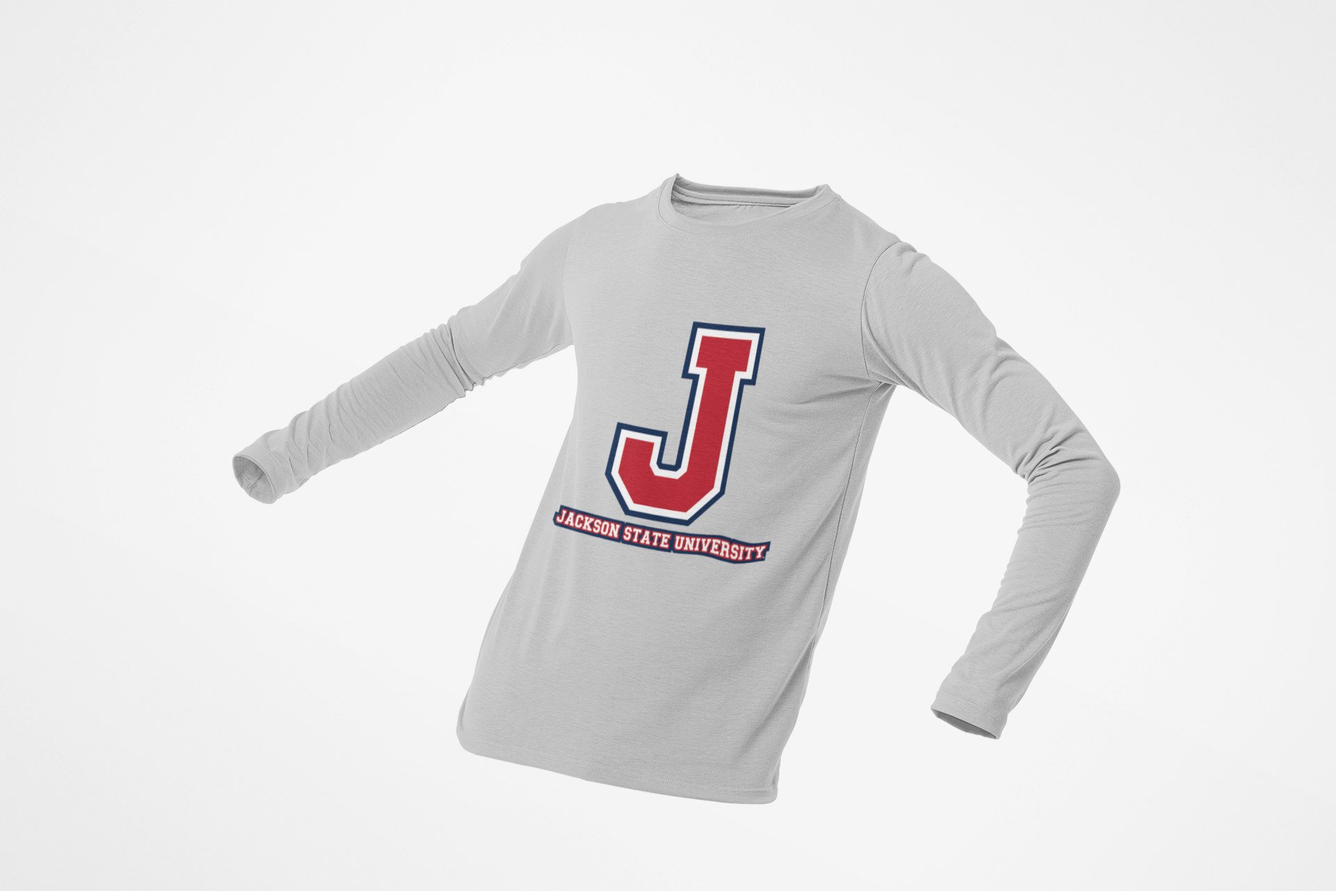 Youth long sleeve crewneck T-shirt in athletic heather grey, back J logo and Jackson State text