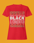 Red crew neck short sleeve T-shirt with 'Jackson State University' 'BLACK & Educated' print.