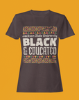 Dark gray crew neck short sleeve T-shirt with 'Jackson State University' 'BLACK & Educated' print.