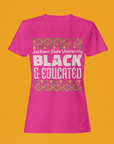 Pink crew neck short sleeve T-shirt with 'Jackson State University' 'BLACK & Educated' print.