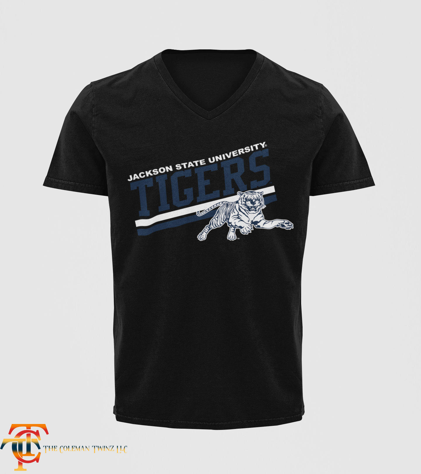 Jackson State Tigers V-neck short sleeve T-shirt, black with front tiger graphic
