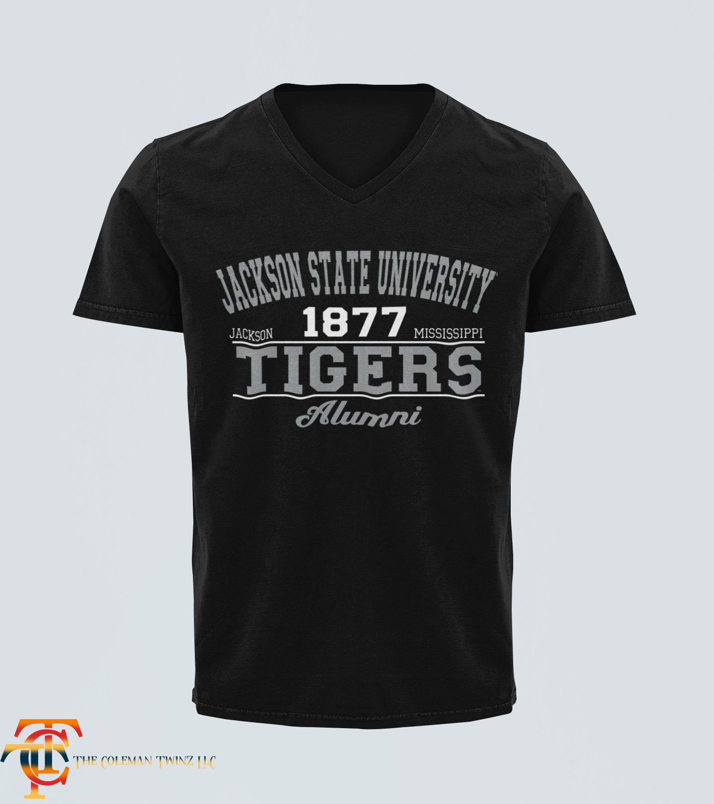 Black unisex V-neck T-shirt with '1877 Tigers' and 'Alumni' front graphic.