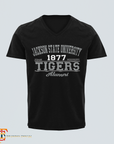 Black unisex V-neck T-shirt with '1877 Tigers' and 'Alumni' front graphic.