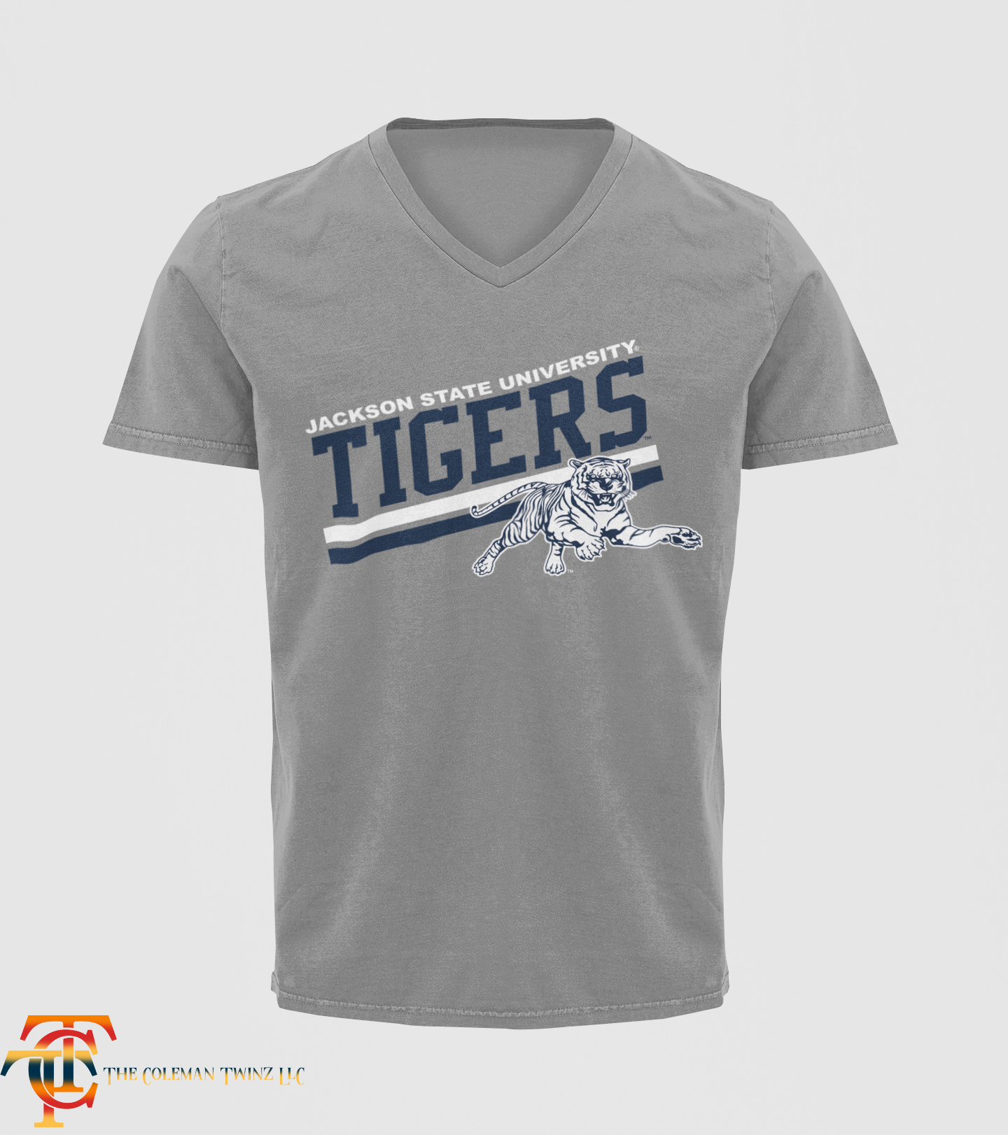 Jackson State Tigers V-neck short sleeve T-shirt, gray with front tiger graphic