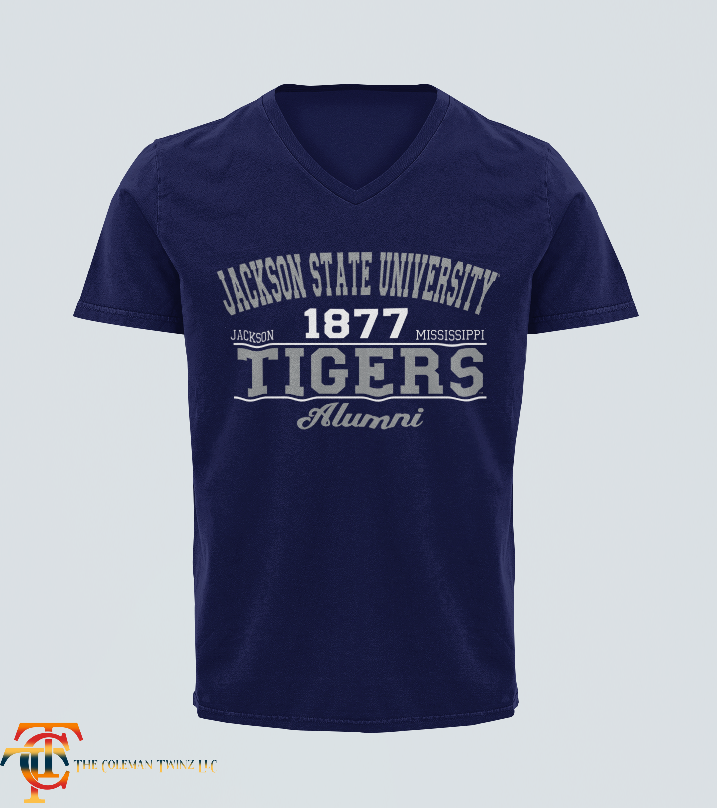 Navy unisex V-neck T-shirt with '1877 Tigers' and 'Alumni' front graphic.