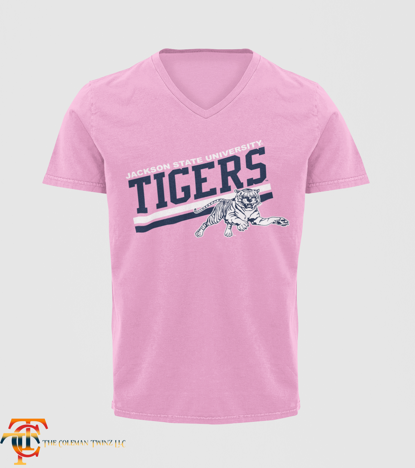 Jackson State Tigers V-neck short sleeve T-shirt, pink with front tiger graphic