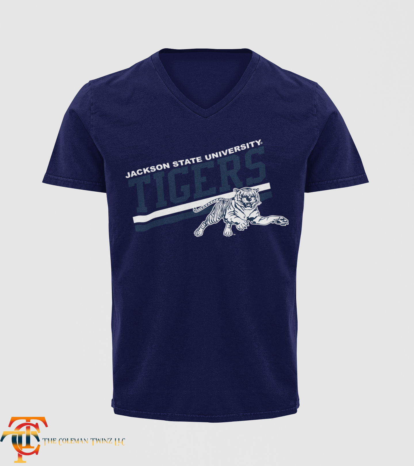 Jackson State Tigers V-neck short sleeve T-shirt, navy with front tiger graphic