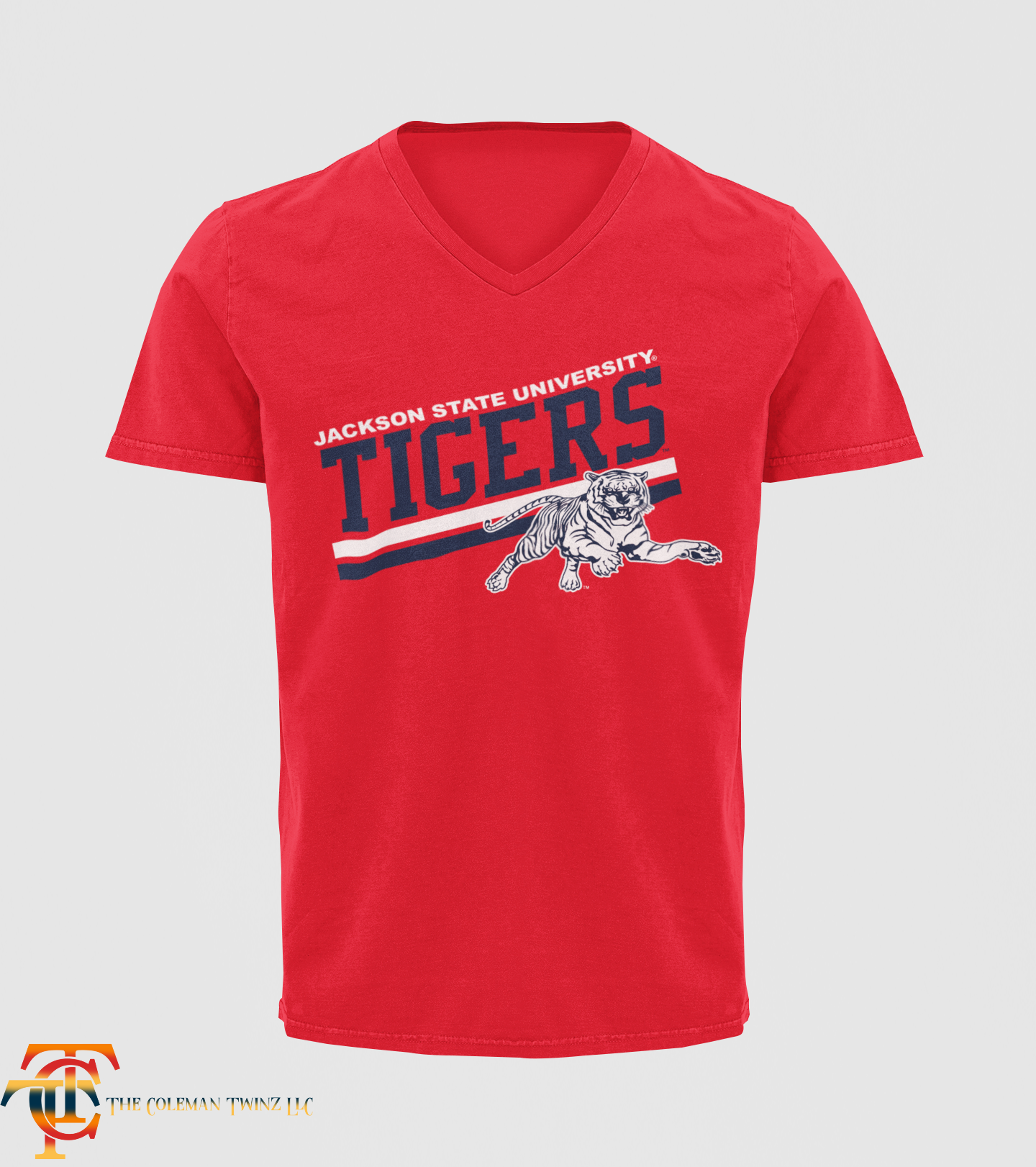 Jackson State Tigers V-neck short sleeve T-shirt, red with front tiger graphic