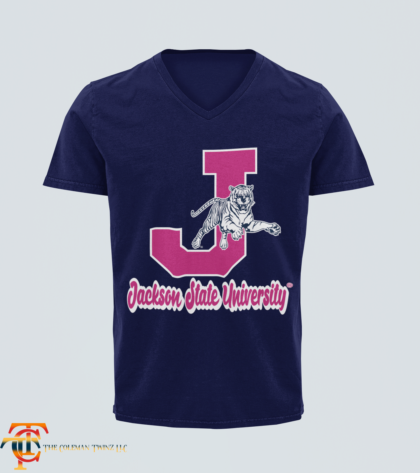 Navy V-neck T-shirt with leaping tiger and J emblem graphic