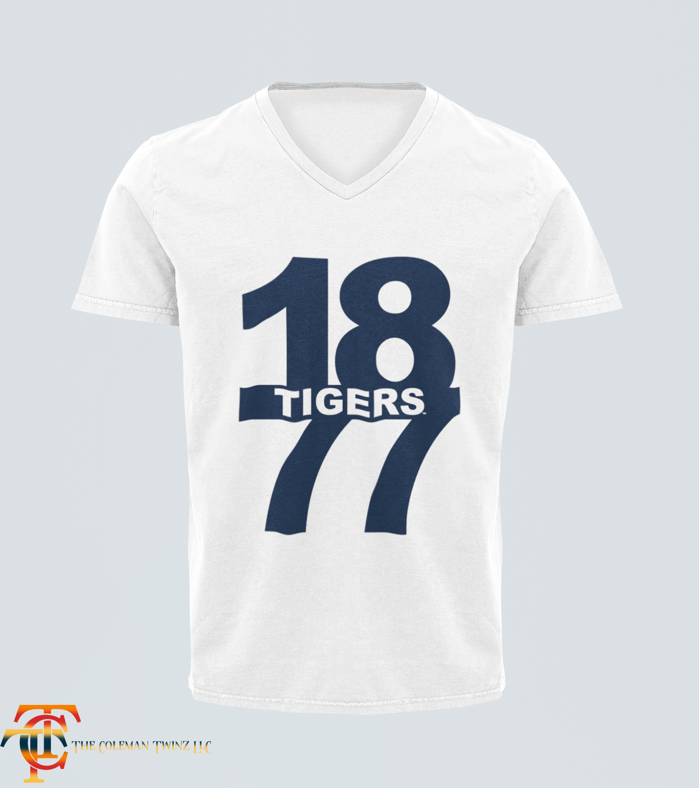 White V-neck short sleeve t-shirt with large “18 Tigers 77” front graphic