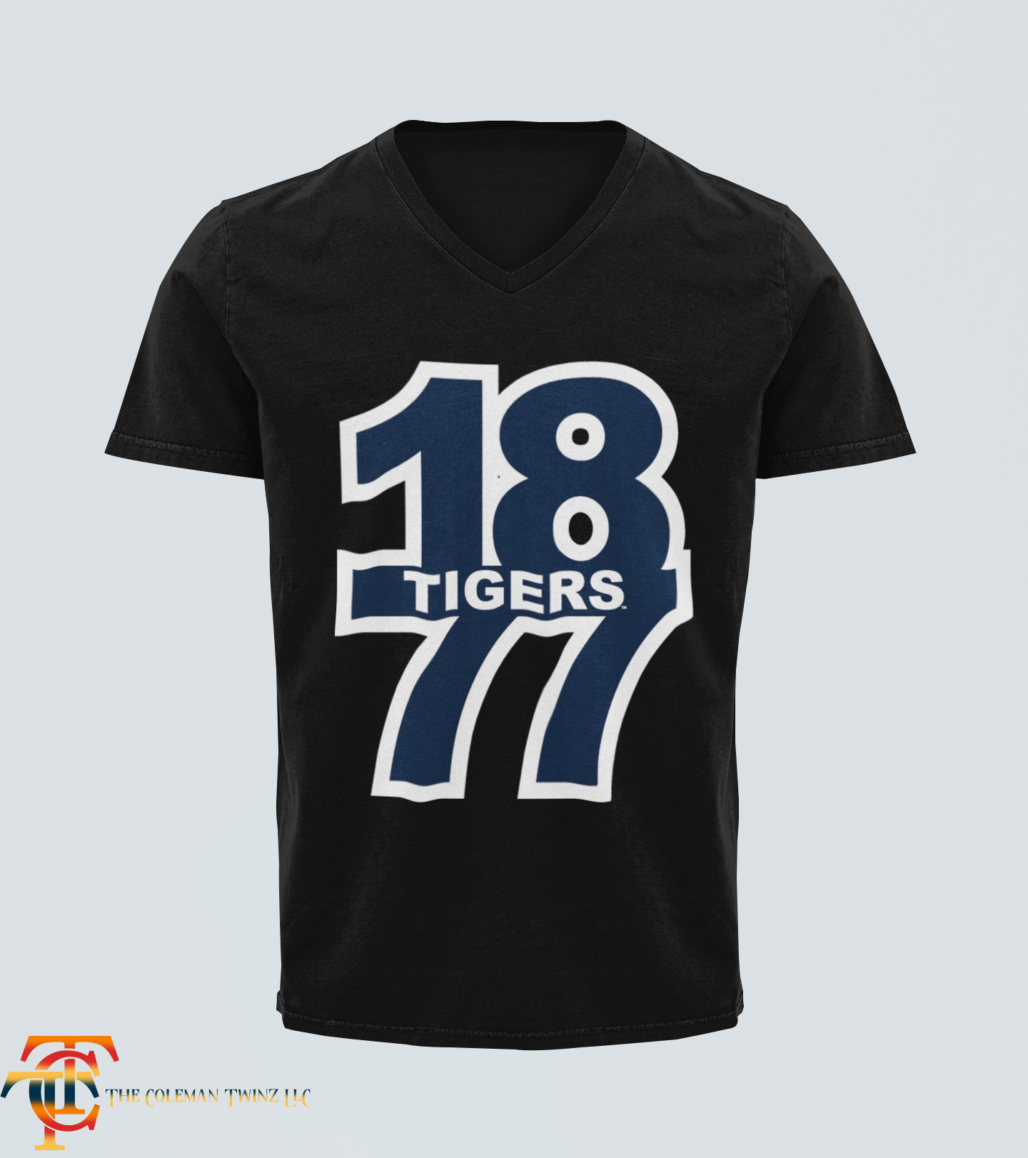 Black V-neck short sleeve t-shirt with large “18 Tigers 77” front graphic