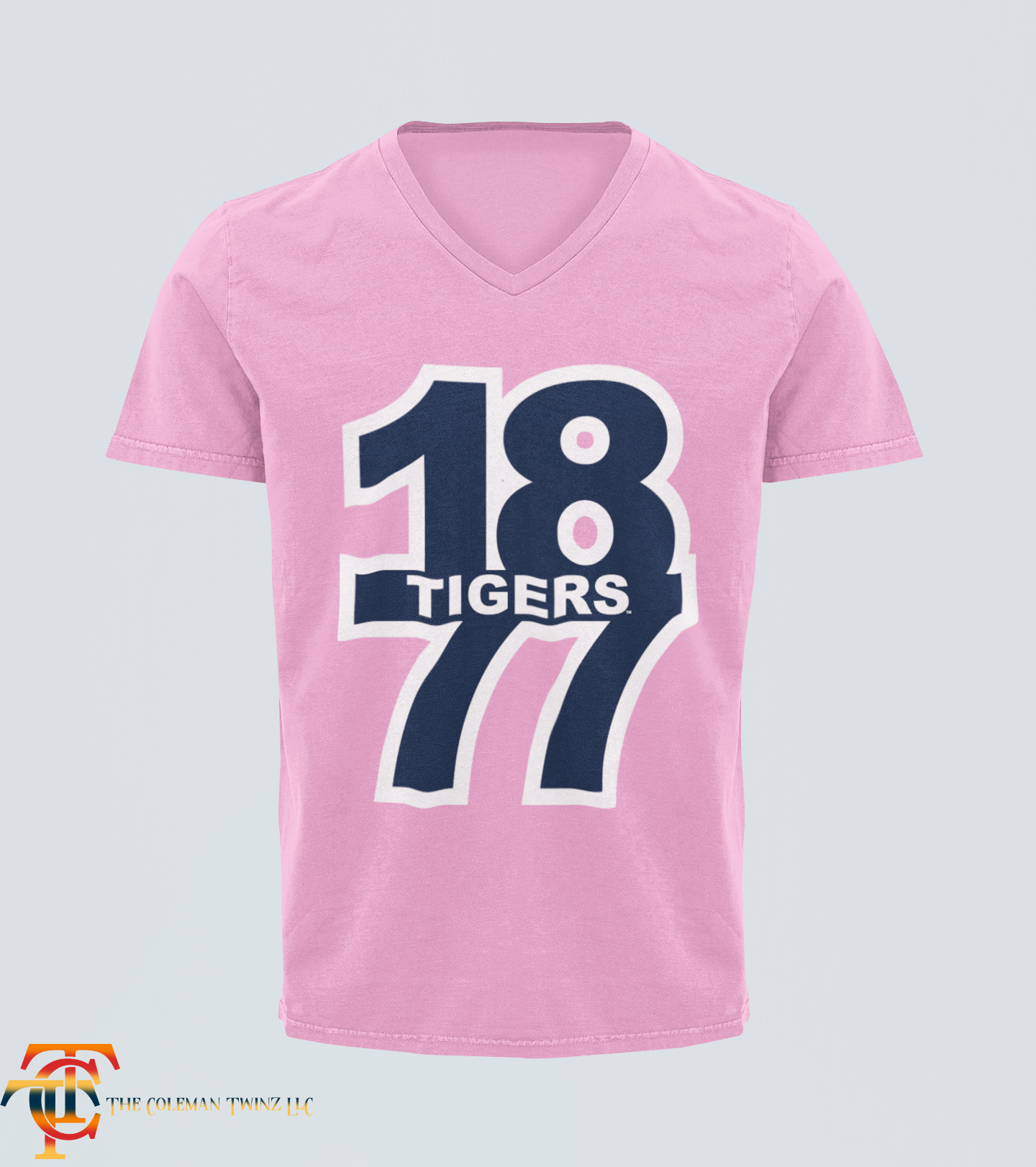 Pink V-neck short sleeve t-shirt with large “18 Tigers 77” front graphic