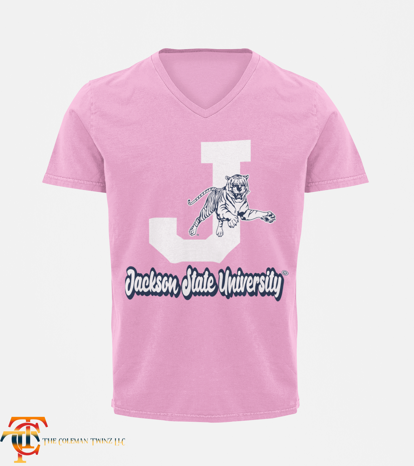 Light pink unisex V-neck T-shirt with white J, leaping tiger, and Jackson State University text