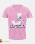 Light pink unisex V-neck T-shirt with white J, leaping tiger, and Jackson State University text