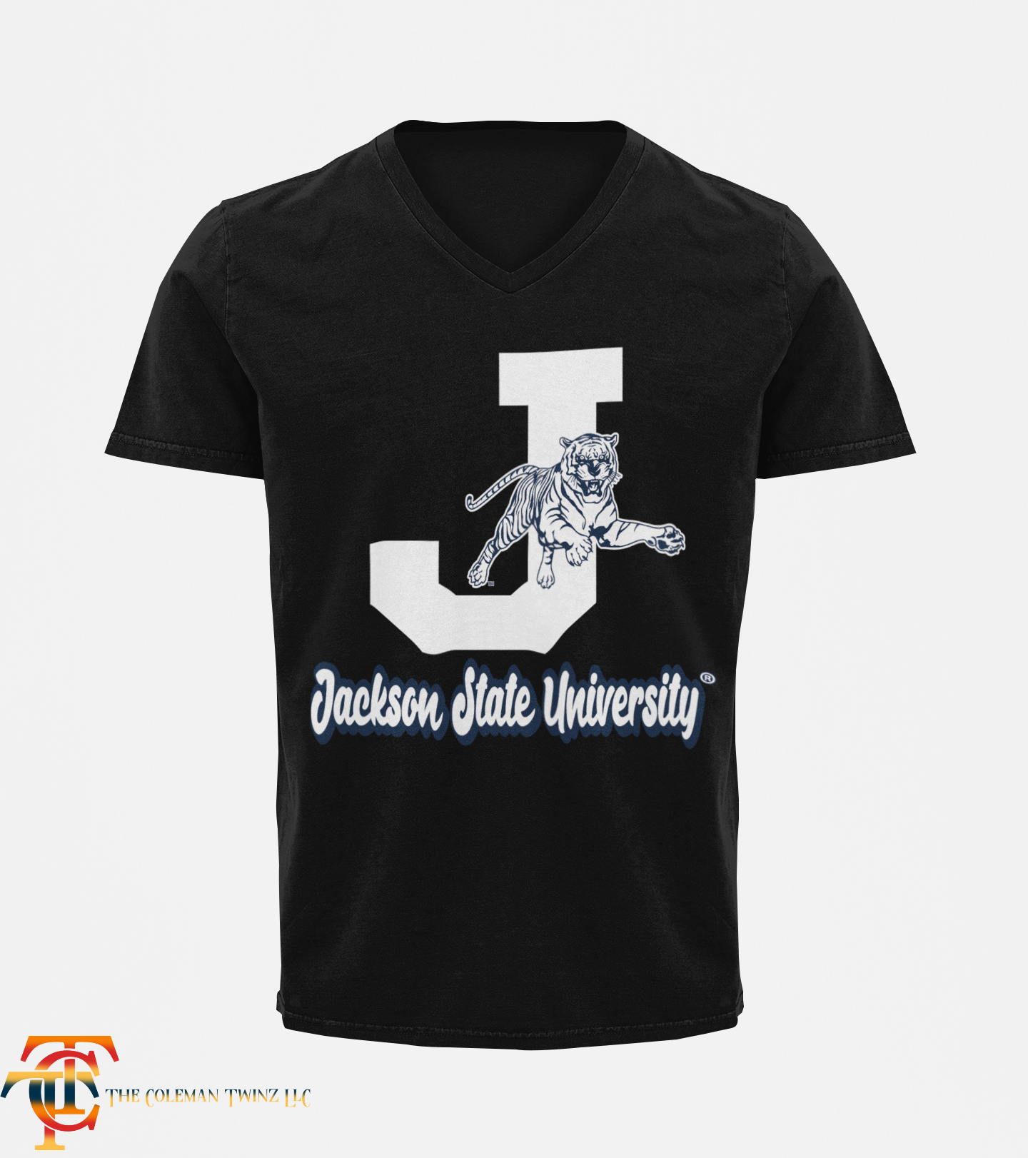 Black unisex V-neck T-shirt with white J, leaping tiger, and Jackson State University text