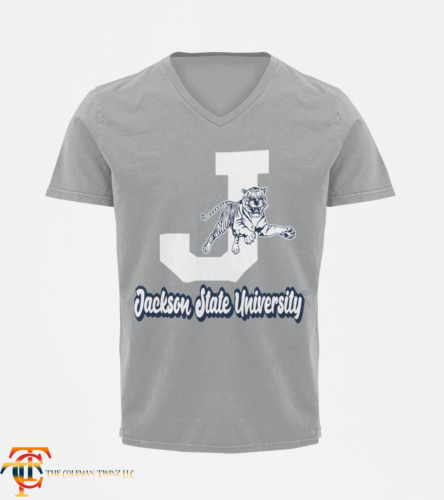 Gray unisex V-neck T-shirt with white J, leaping tiger, and Jackson State University text