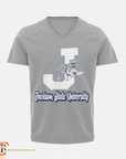 Gray unisex V-neck T-shirt with white J, leaping tiger, and Jackson State University text