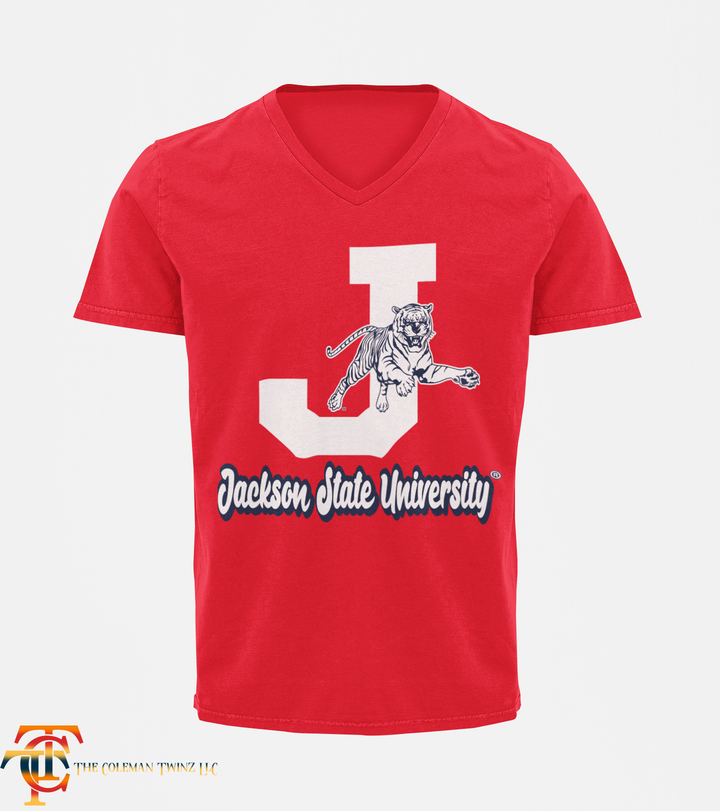 Red unisex V-neck T-shirt with white J, leaping tiger, and Jackson State University text