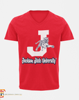 Red unisex V-neck T-shirt with white J, leaping tiger, and Jackson State University text