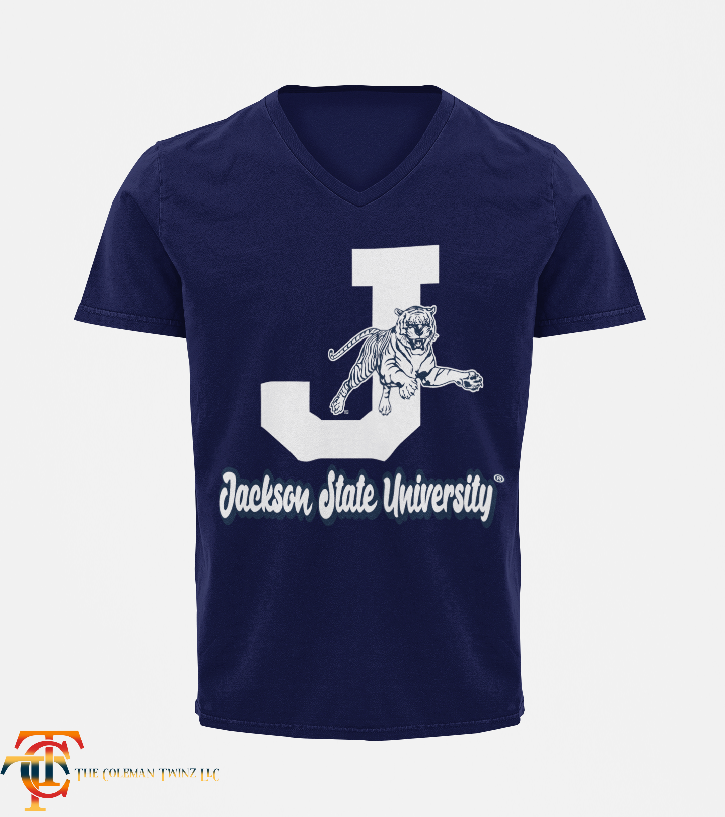 Navy unisex V-neck T-shirt with white J, leaping tiger, and Jackson State University text