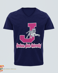 Navy V-neck T-shirt with leaping tiger and J emblem graphic