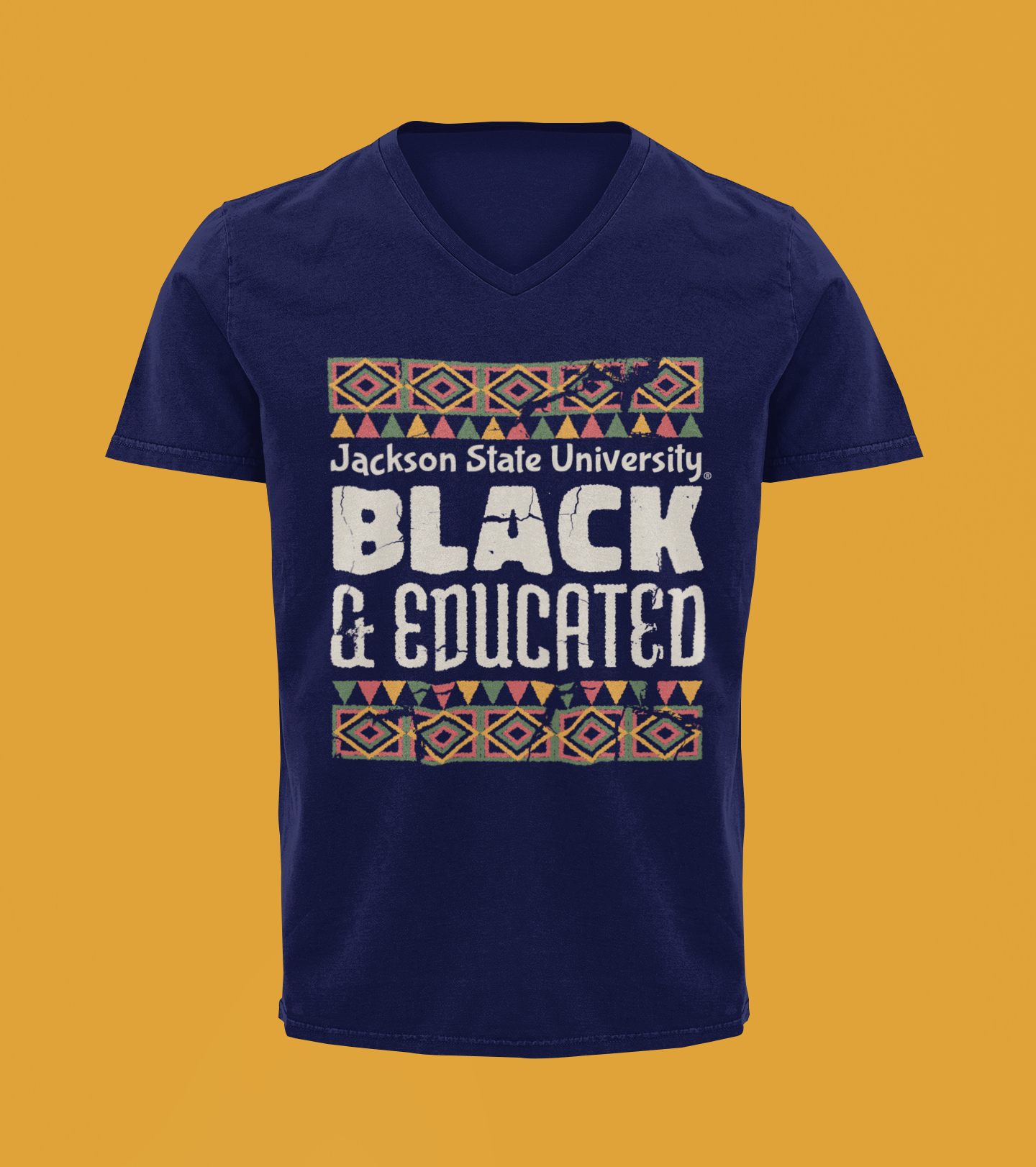Navy blue V-neck short-sleeve T-shirt with "BLACK &amp; EDUCATED" graphic front