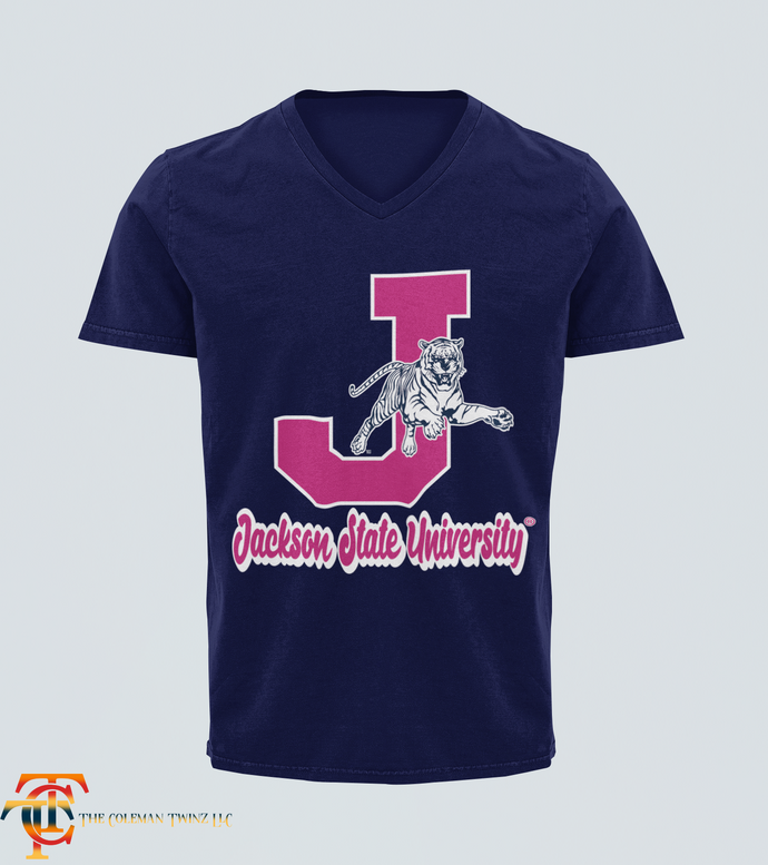 Jackson State Tigers Pink J Leaping Tiger V-Neck T-Shirt