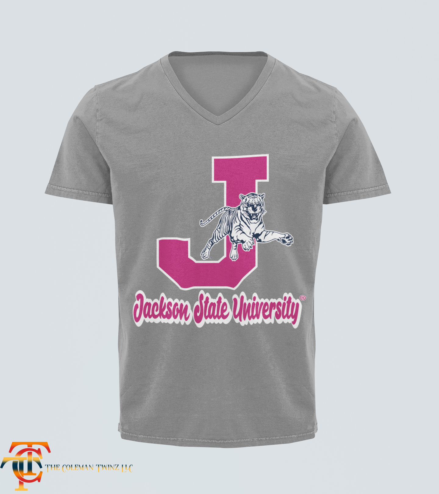 Heather gray V-neck T-shirt with leaping tiger and J emblem graphic
