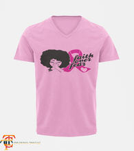 Load image into Gallery viewer, Faith Over Fear Praying Hands Afro Girl Breast Cancer Awareness T-Shirt
