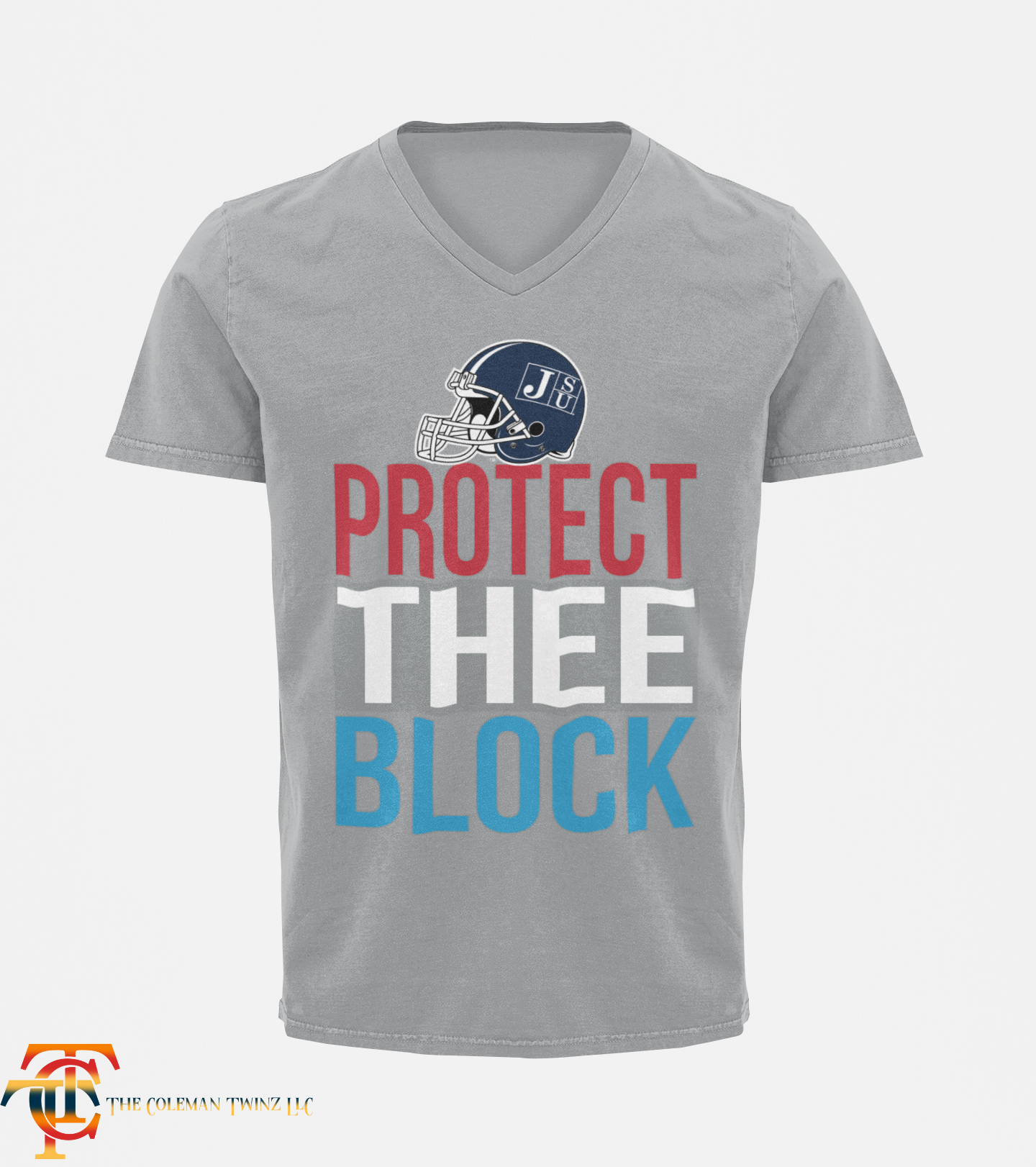 Tigers v-neck short-sleeve T-shirt in heather gray with "Protect Thee Block" graphic