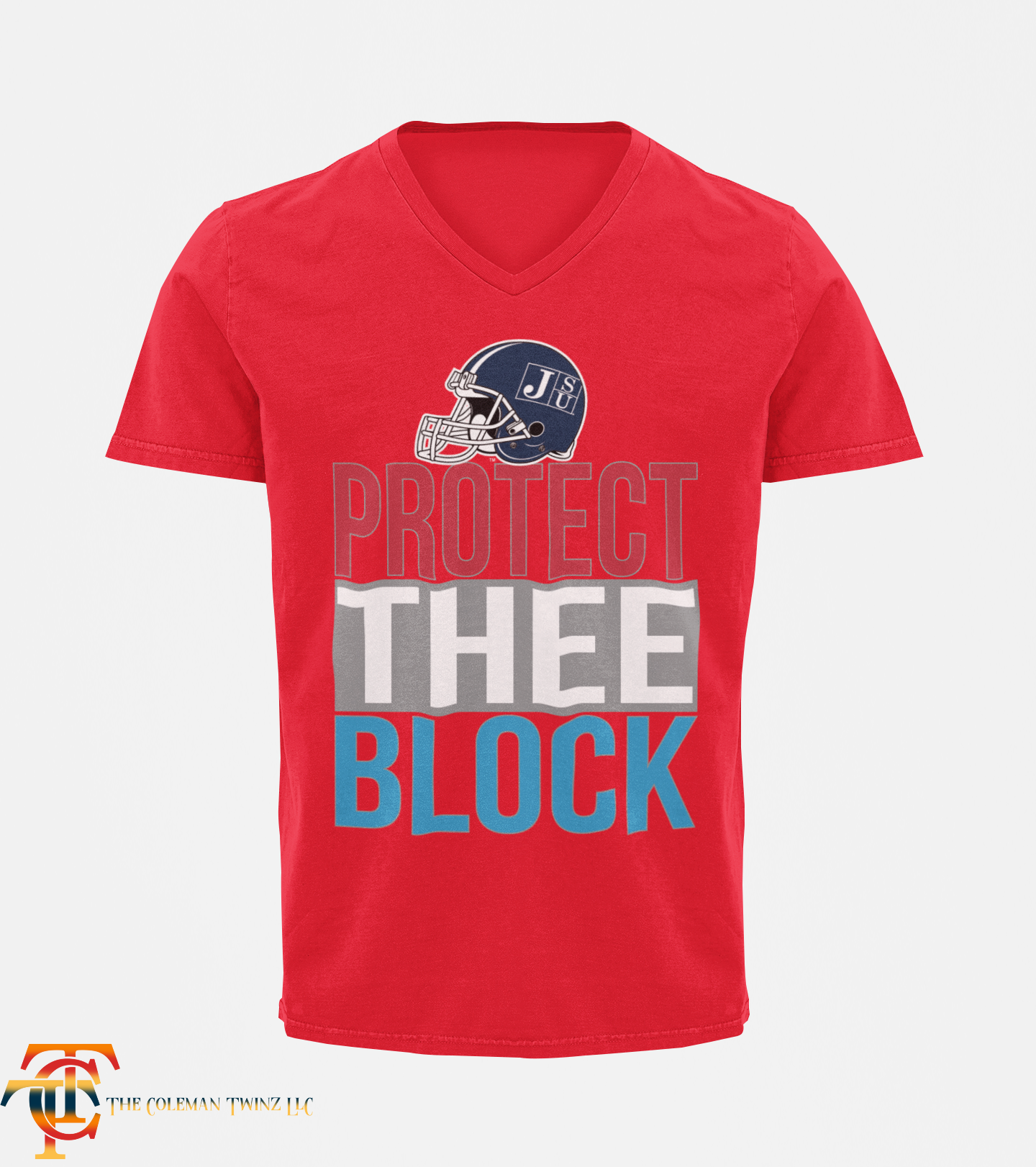 Tigers v-neck short-sleeve T-shirt in red with "Protect Thee Block" graphic