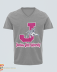 Heather gray V-neck T-shirt with leaping tiger and J emblem graphic