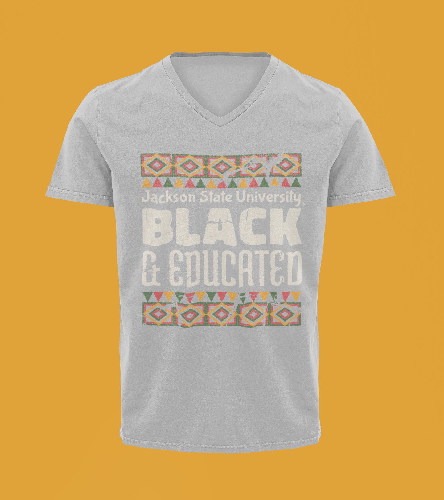 Athletic heather grey V-neck short-sleeve T-shirt with "BLACK &amp; EDUCATED" graphic front