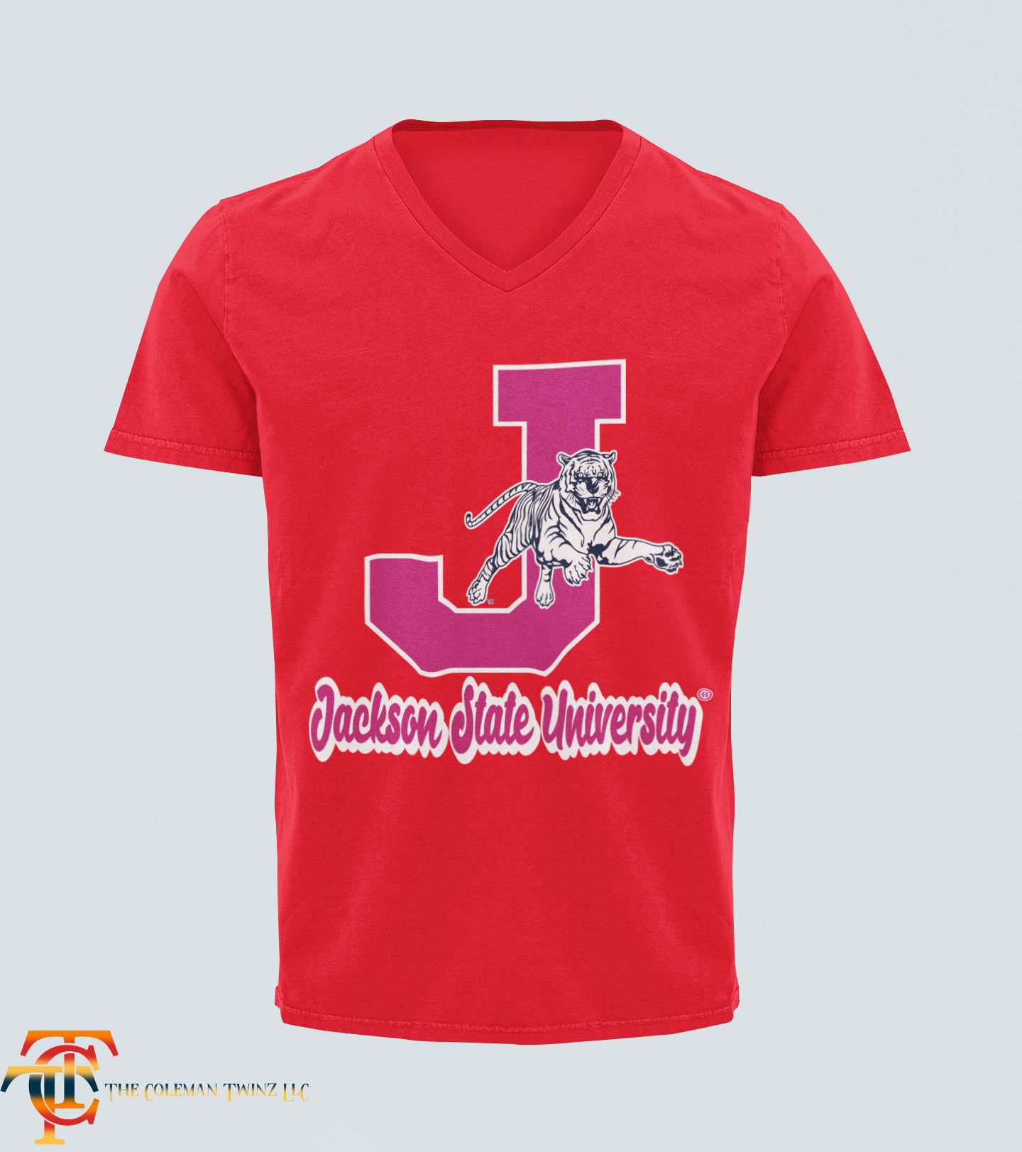 Red V-neck T-shirt with leaping tiger and J emblem graphic