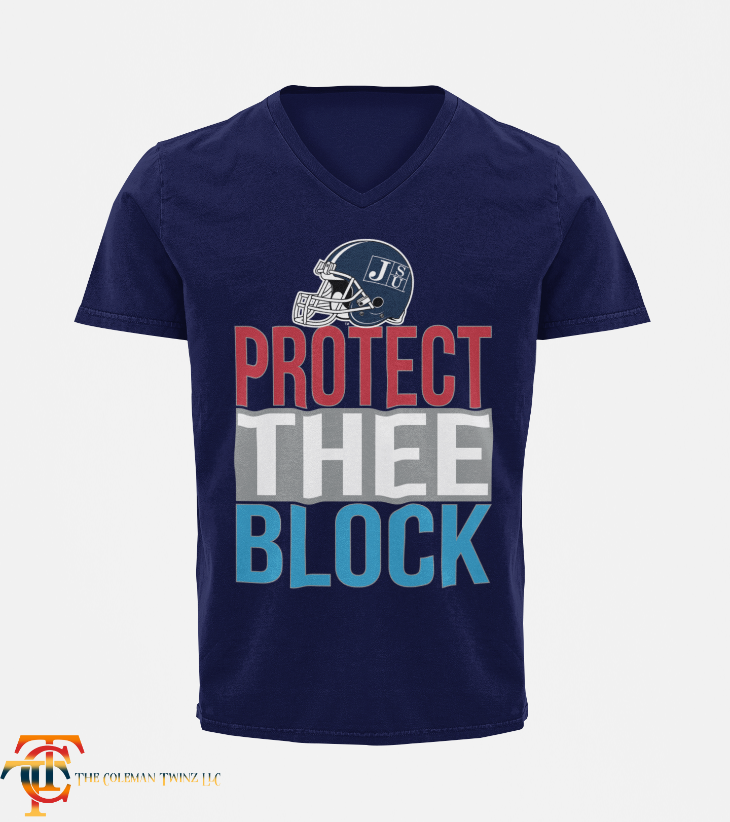 Tigers v-neck short-sleeve T-shirt in navy with "Protect Thee Block" graphic
