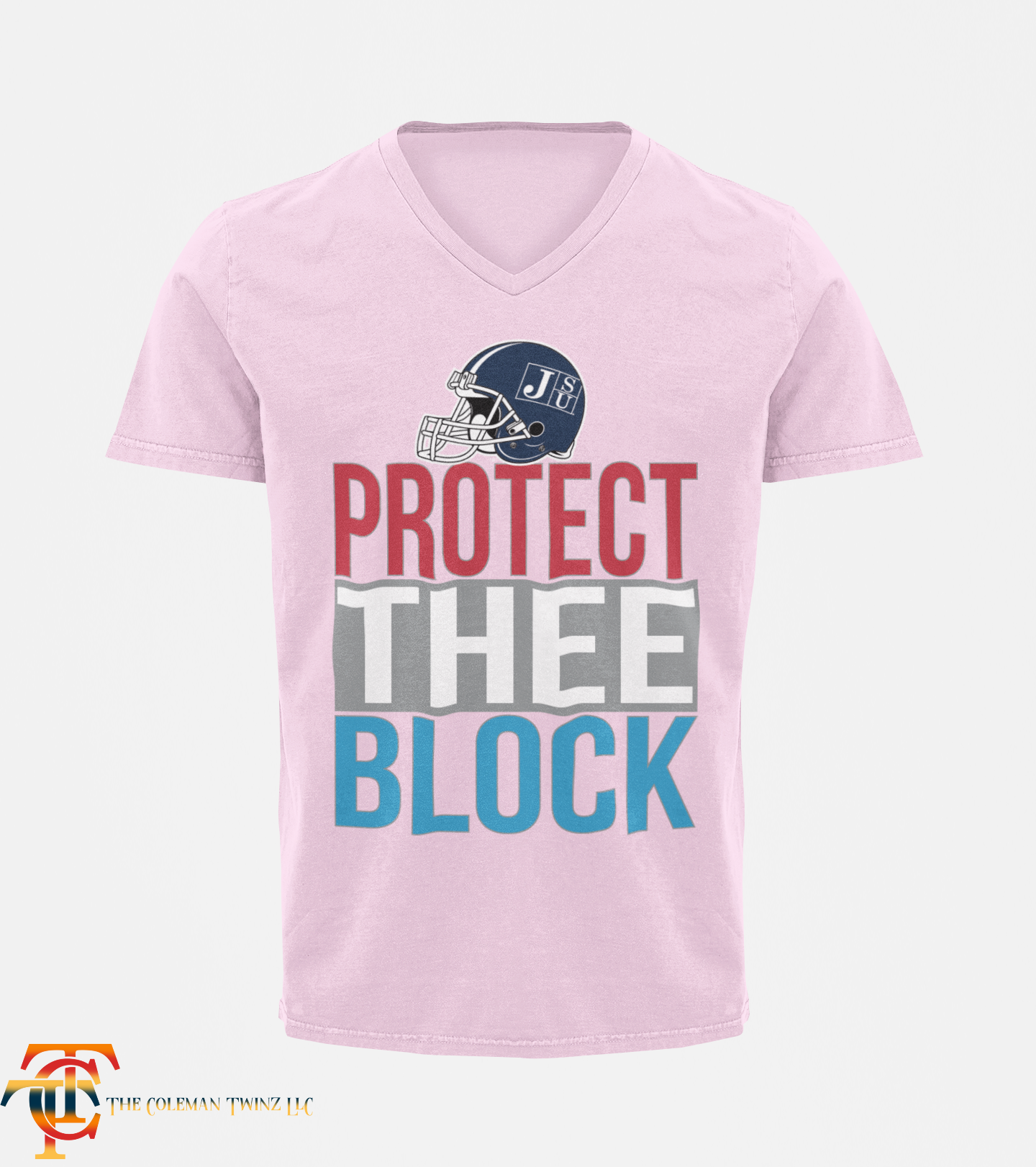 Tigers v-neck short-sleeve T-shirt in light pink with "Protect Thee Block" graphic