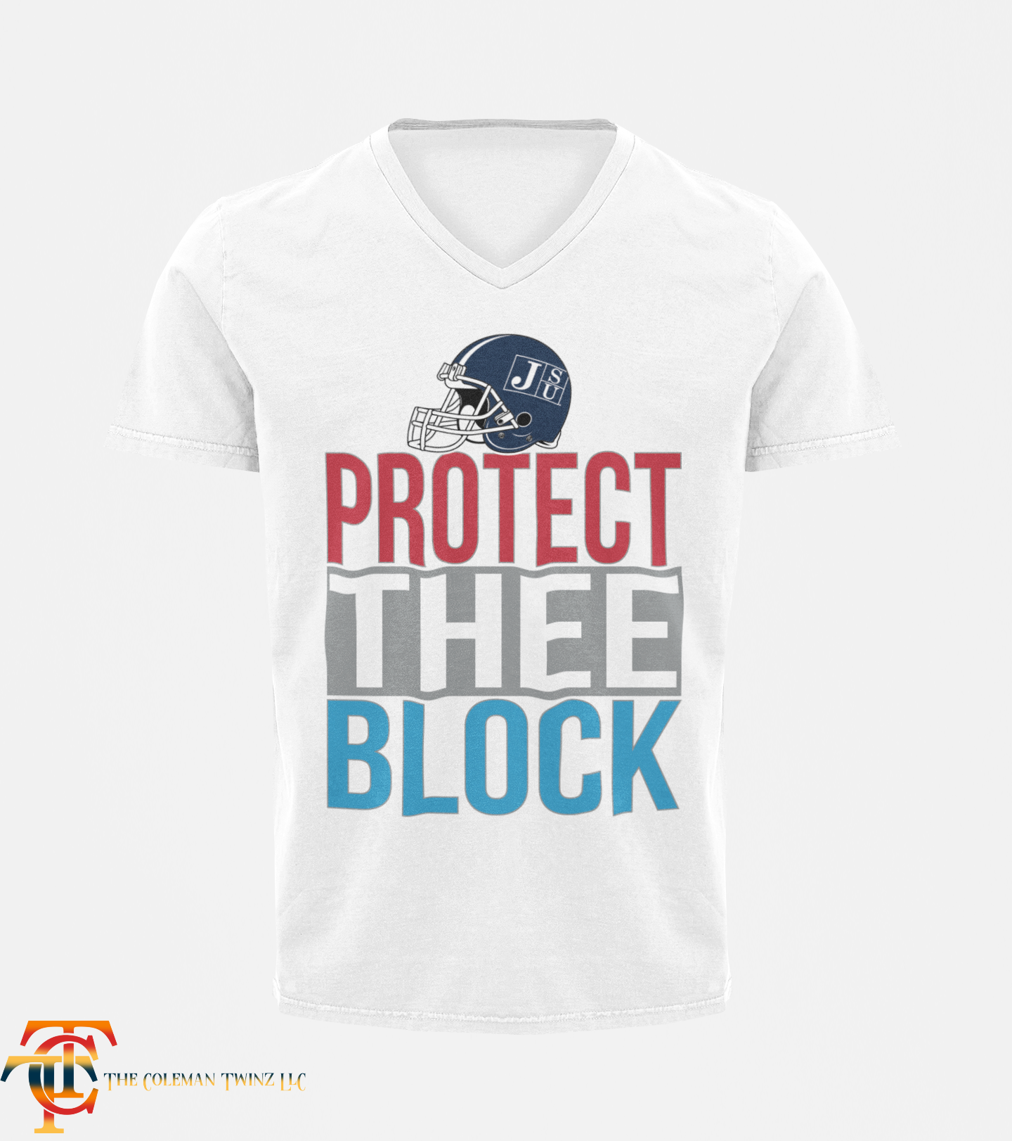 Tigers v-neck short-sleeve T-shirt in white with "Protect Thee Block" graphic