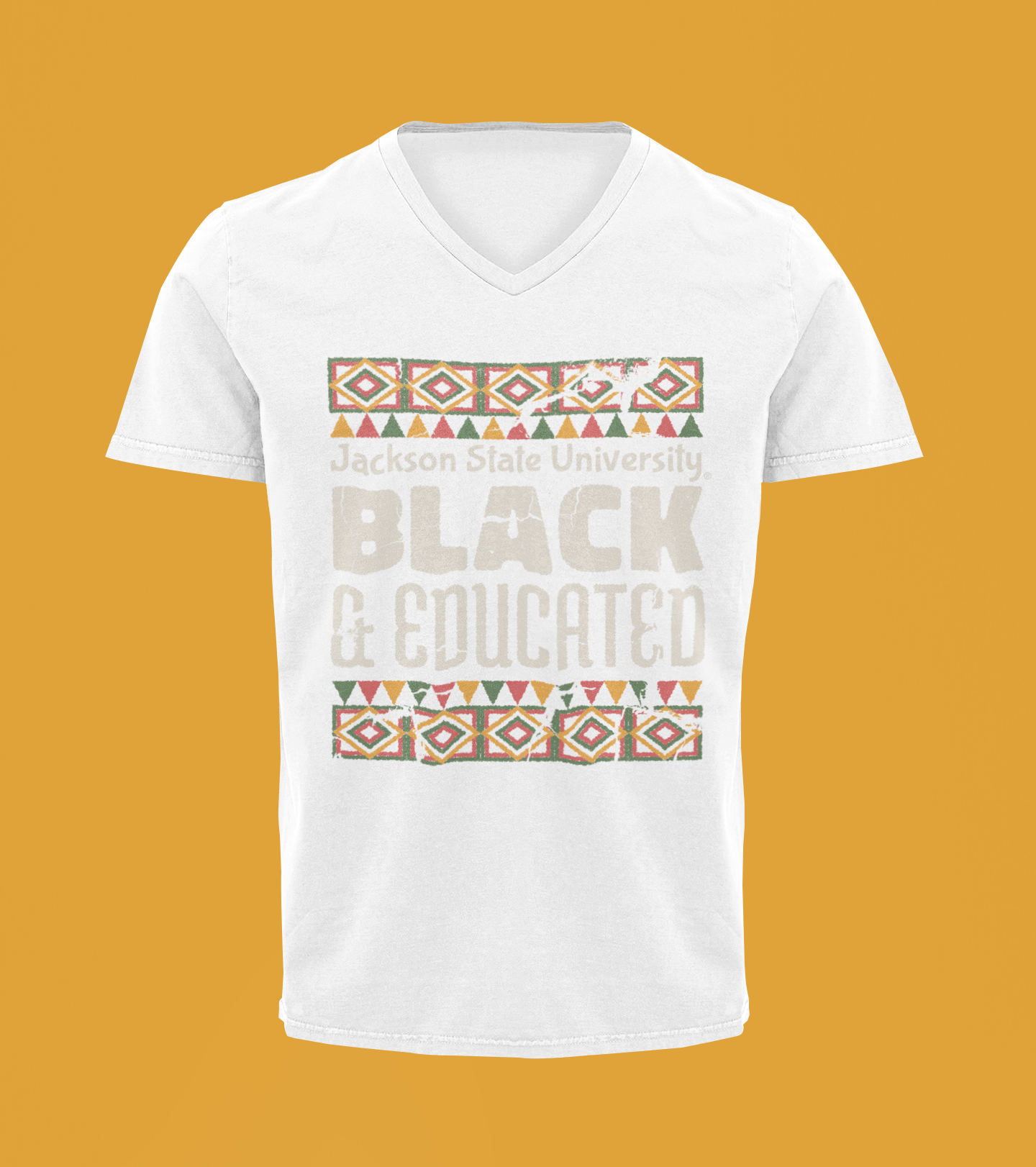 White V-neck short-sleeve T-shirt with "BLACK &amp; EDUCATED" graphic front