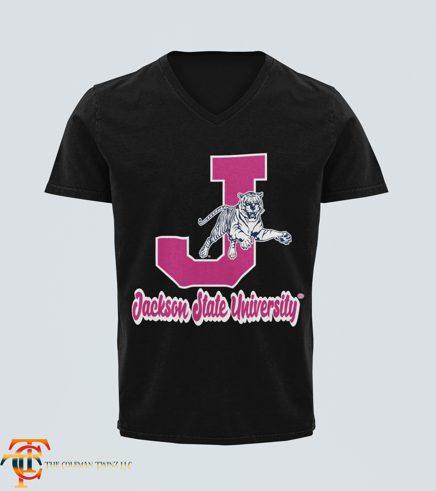 Black V-neck T-shirt with leaping tiger and J emblem graphic