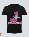 Black V-neck T-shirt with leaping tiger and J emblem graphic