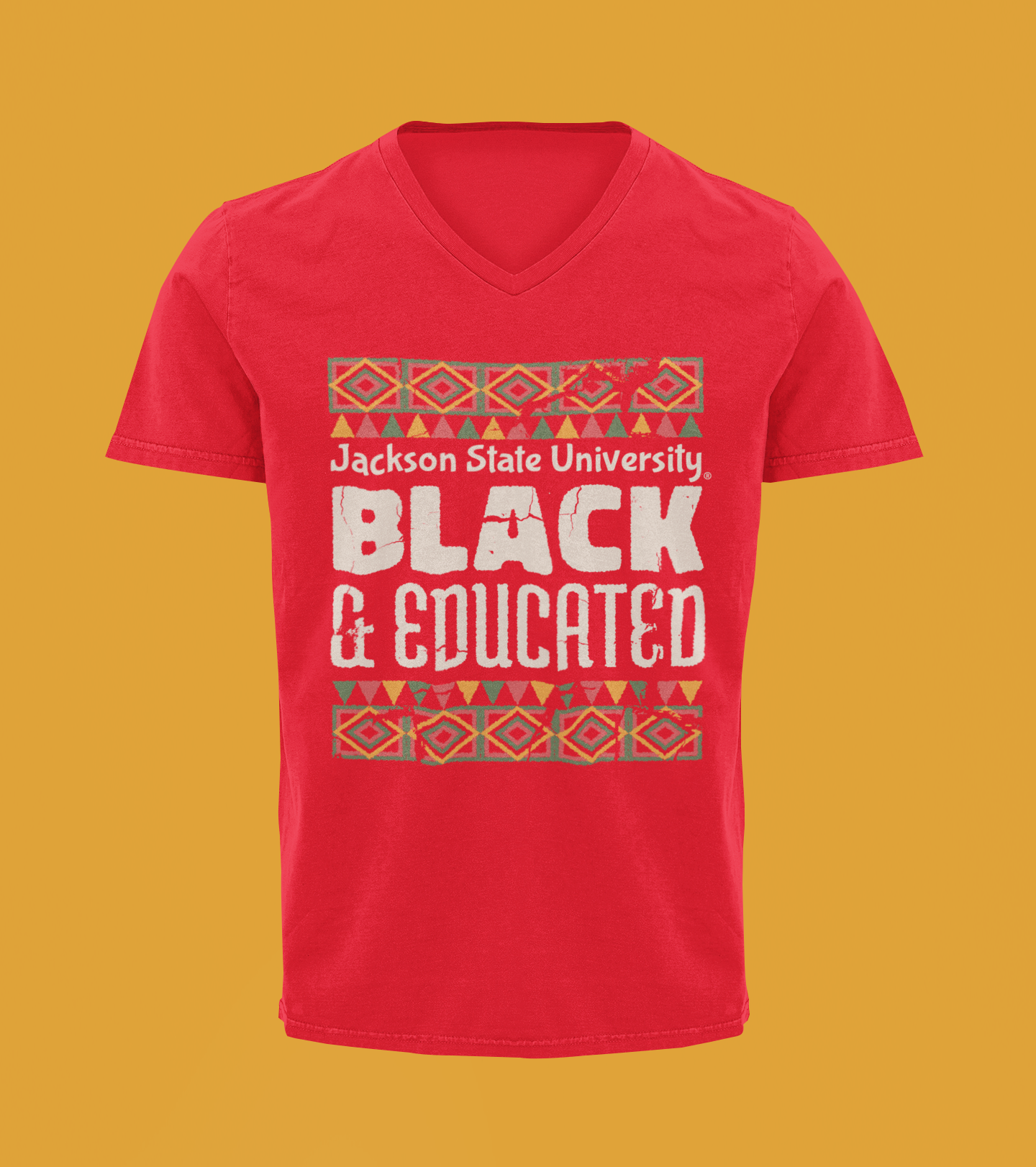 Red V-neck short-sleeve T-shirt with "BLACK &amp; EDUCATED" graphic front