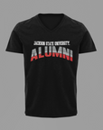 Black unisex V-neck short-sleeve T-shirt with “Jackson State University” Alumni logo