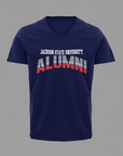 Blue unisex V-neck short-sleeve T-shirt with “Jackson State University” Alumni logo