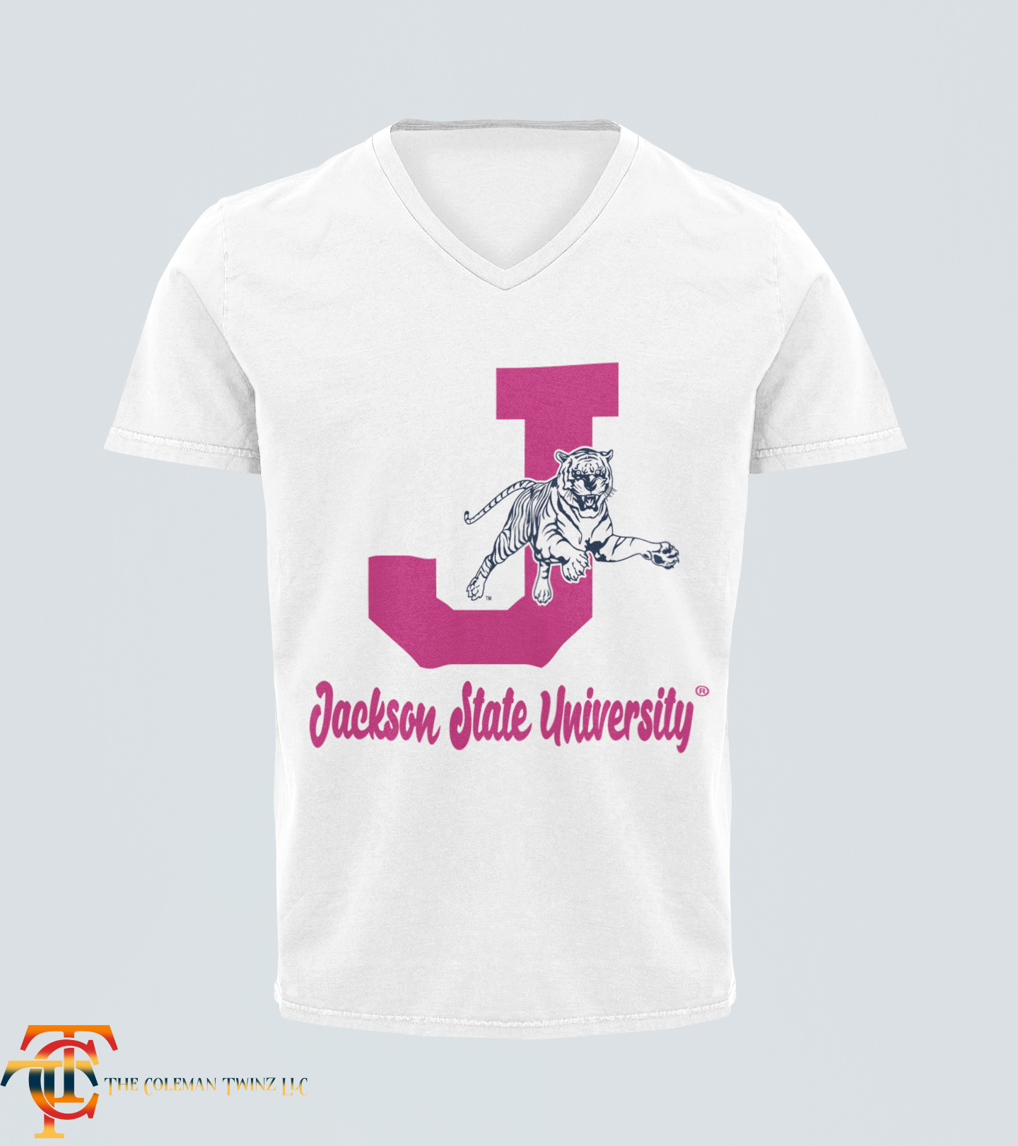 White V-neck t-shirt with pink leaping tiger graphic and Jackson State University text